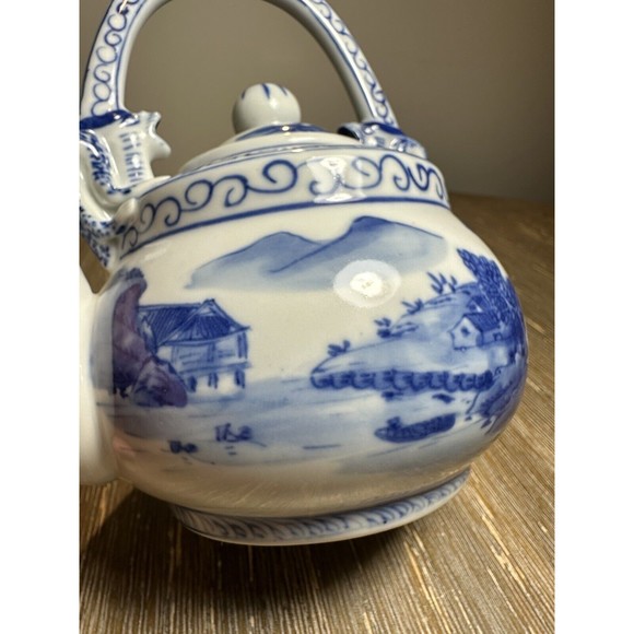Chinese B/W Teapot, Yongzheng Mark, Water Dragons, River Landscape Village Scene - Picture 7 of 12